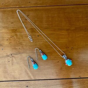 Sally C Treasures Sterling Silver Turquoise Coral Necklace and Earrings Set